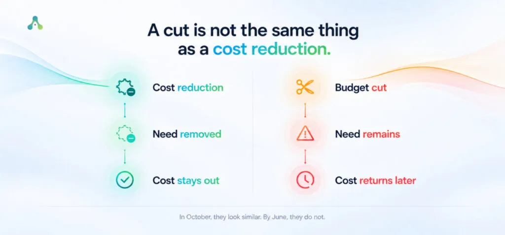A cost reduction removes the need and the cost stays out, while a maintenance budget cut leaves the need and the cost returns later